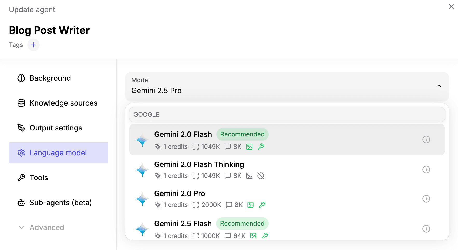 Language model selector showing different models and their credit costs