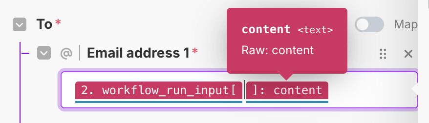 Make.com data selection showing workflow_run_input with cursor positioned to add an array index