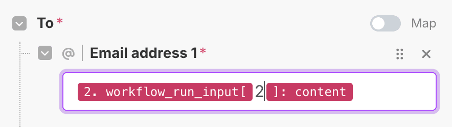 Make.com data selection with "2" inserted between workflow_run_input and content, showing the complete path to the second item's content
