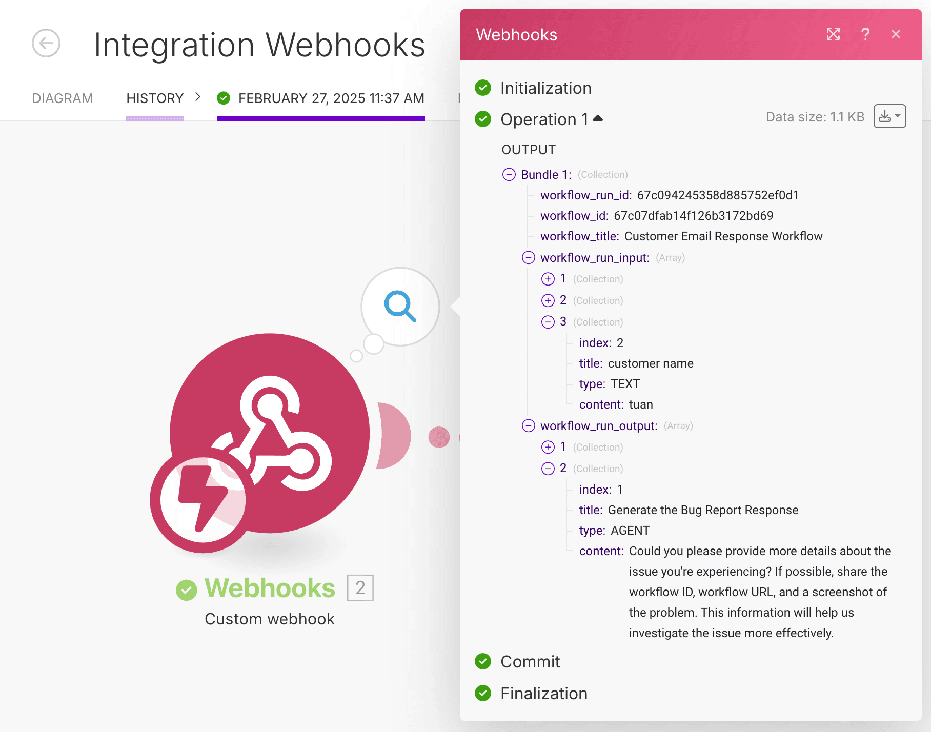 JSON response from MindPal webhook in Make.com showing the complete data structure with workflow information and arrays of inputs and outputs