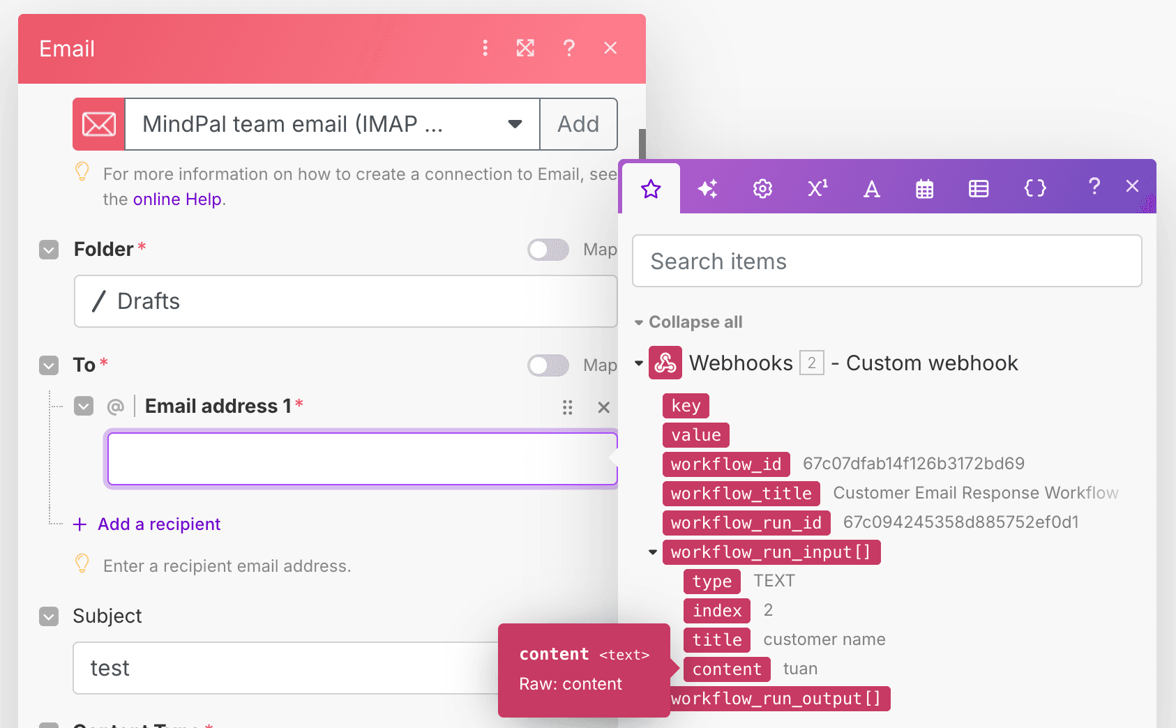 Make.com data selection panel showing the expandable structure of webhook data with workflow inputs and outputs